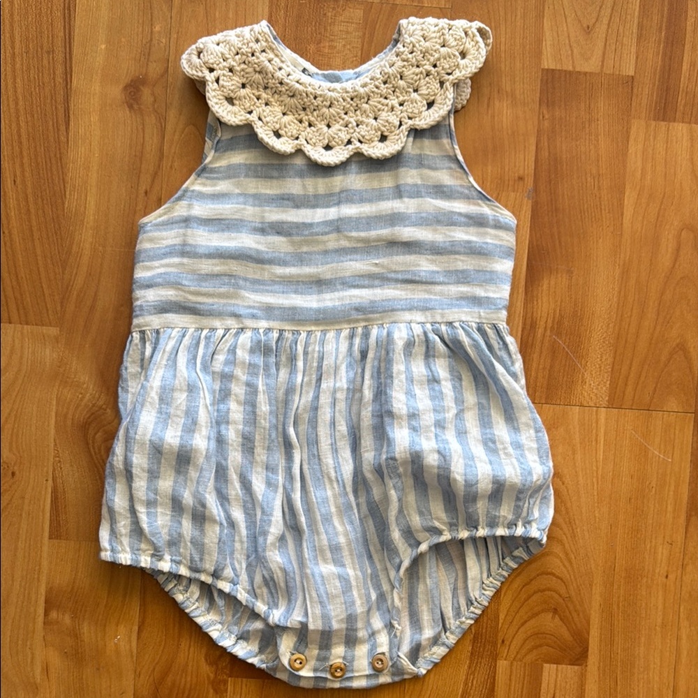 Kalinka Striped Baby Romper with Crochet Collar